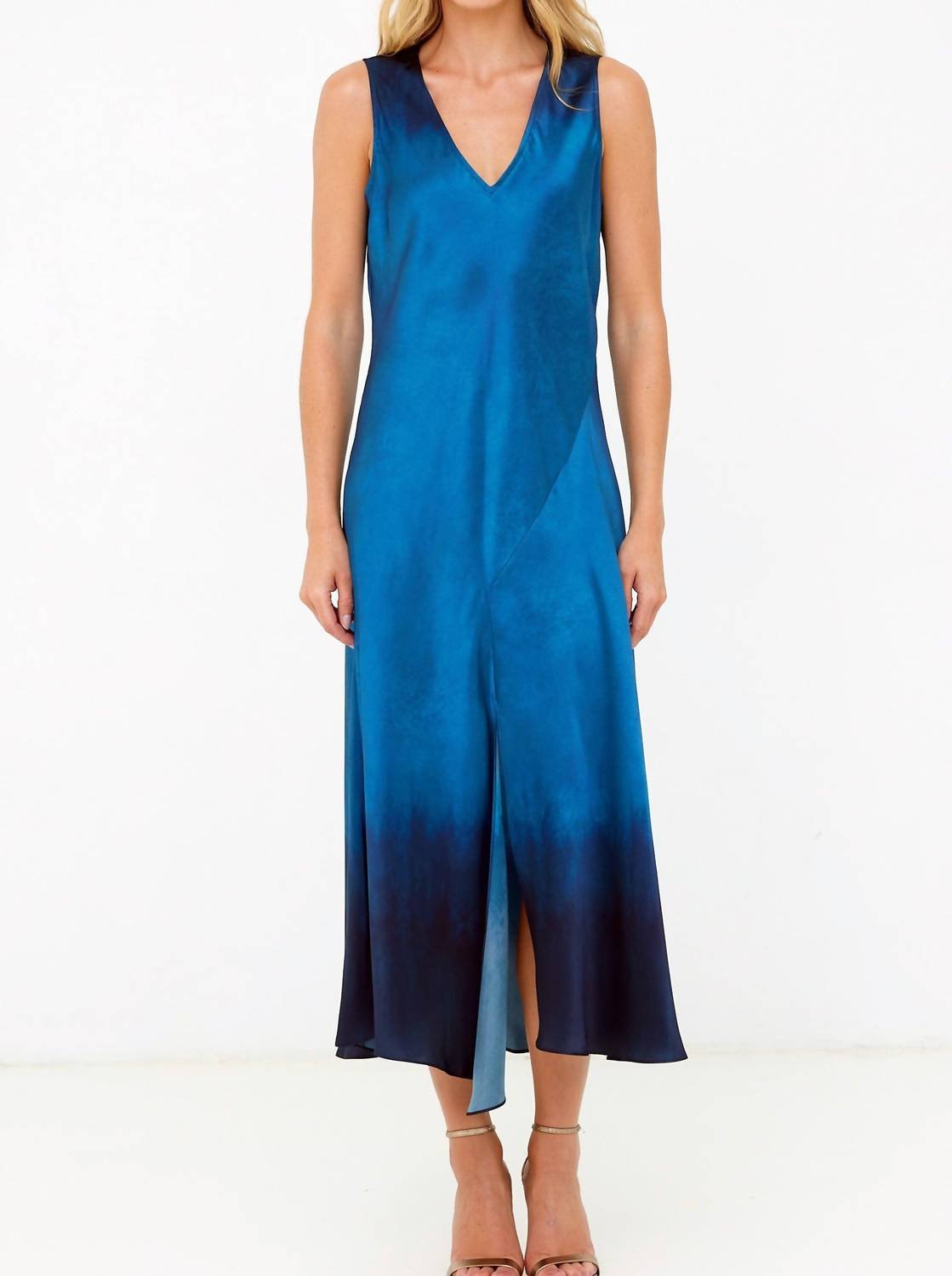 Go By Go Silk - Drape Front Slit Maxi Dress - blue - clothing - dresses