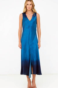 Go By Go Silk - Drape Front Slit Maxi Dress - blue - clothing - dresses