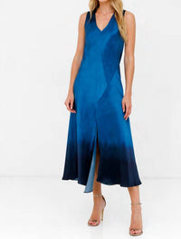 Go By Go Silk - Drape Front Slit Maxi Dress - blue - clothing - dresses