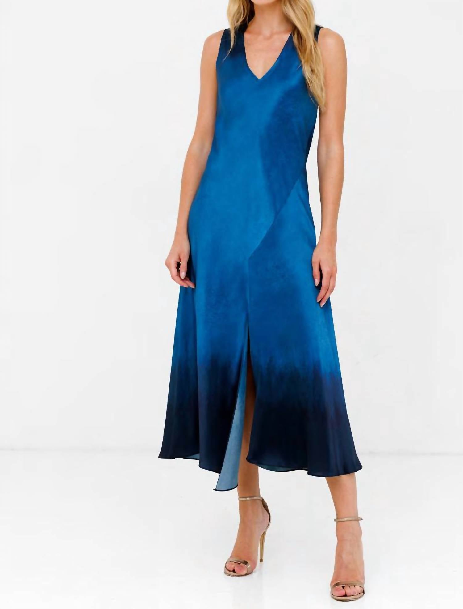 Go By Go Silk - Drape Front Slit Maxi Dress - blue - clothing - dresses