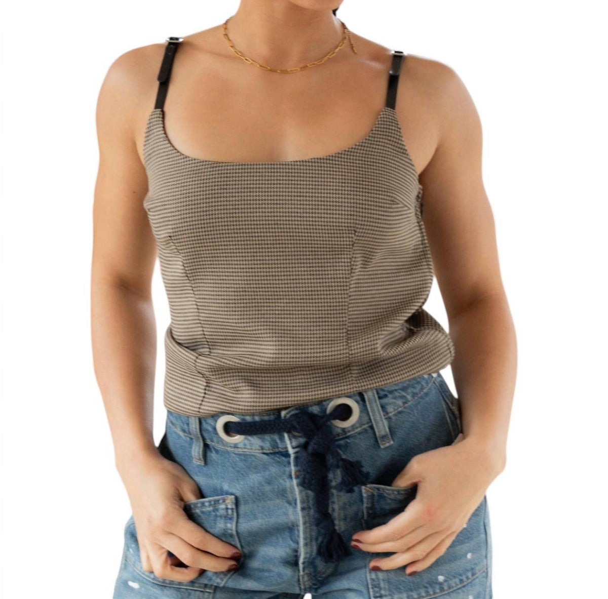 Golden - Jeannine Houndstooth Buckle Strap Top