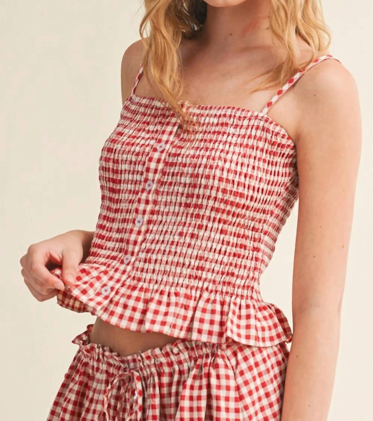 Golden - Minka Gingham Button Front Smocking Top