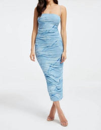 Good American - Ruched Mesh Midi Dress - blue - clothing - dresses