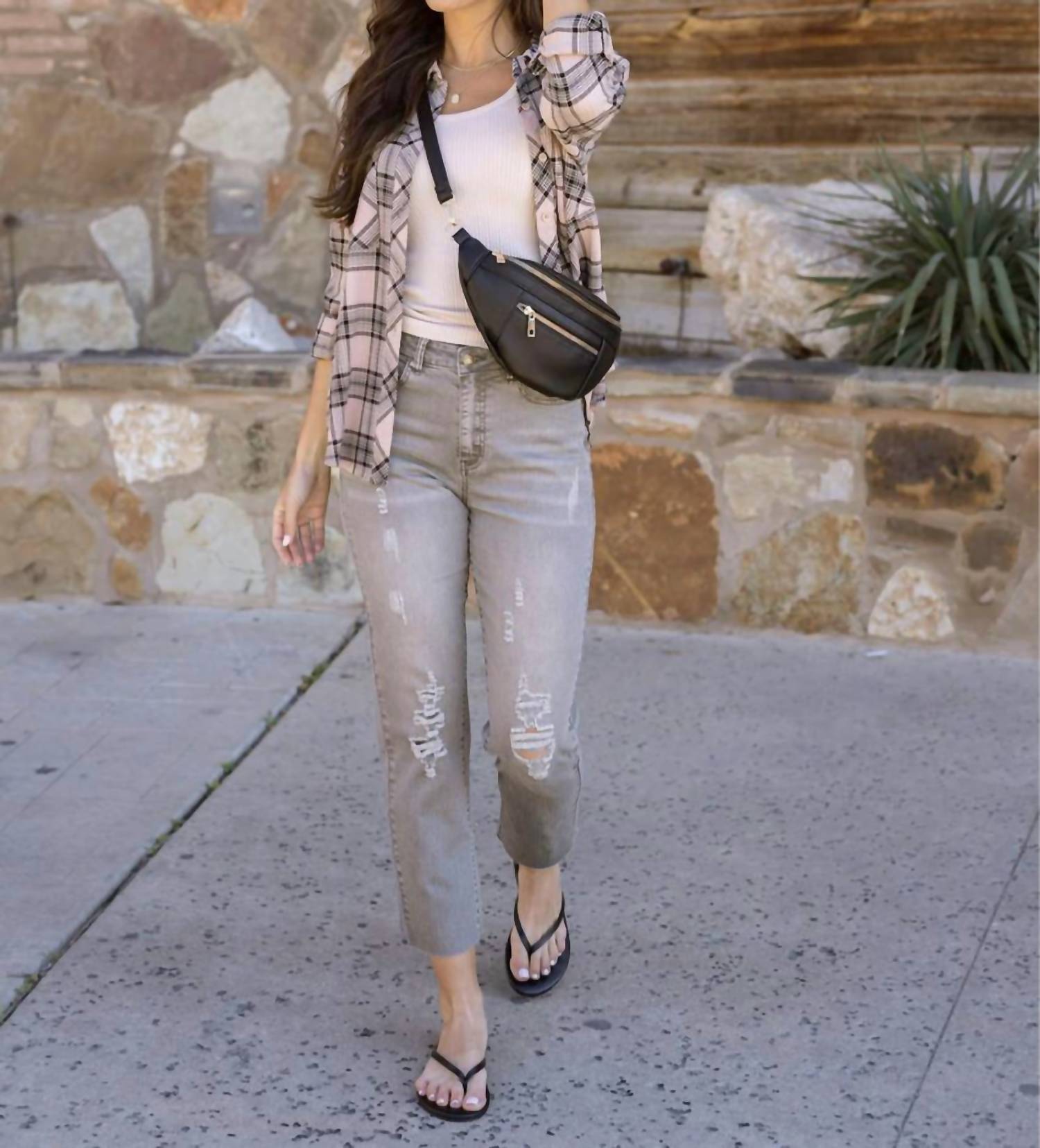 Grace And Lace - Mel's Fave Distressed Cropped Straight Leg Colored Denim Jeans - clothing - cotton - blend - grey