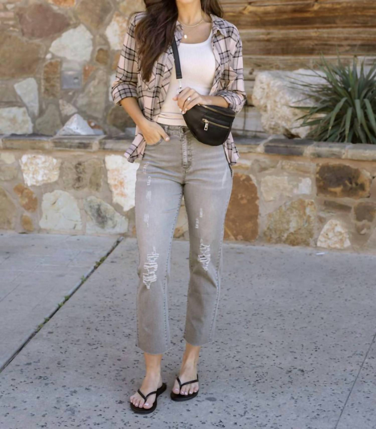Grace And Lace - Mel's Fave Distressed Cropped Straight Leg Colored Denim Jeans - clothing - cotton - blend - grey