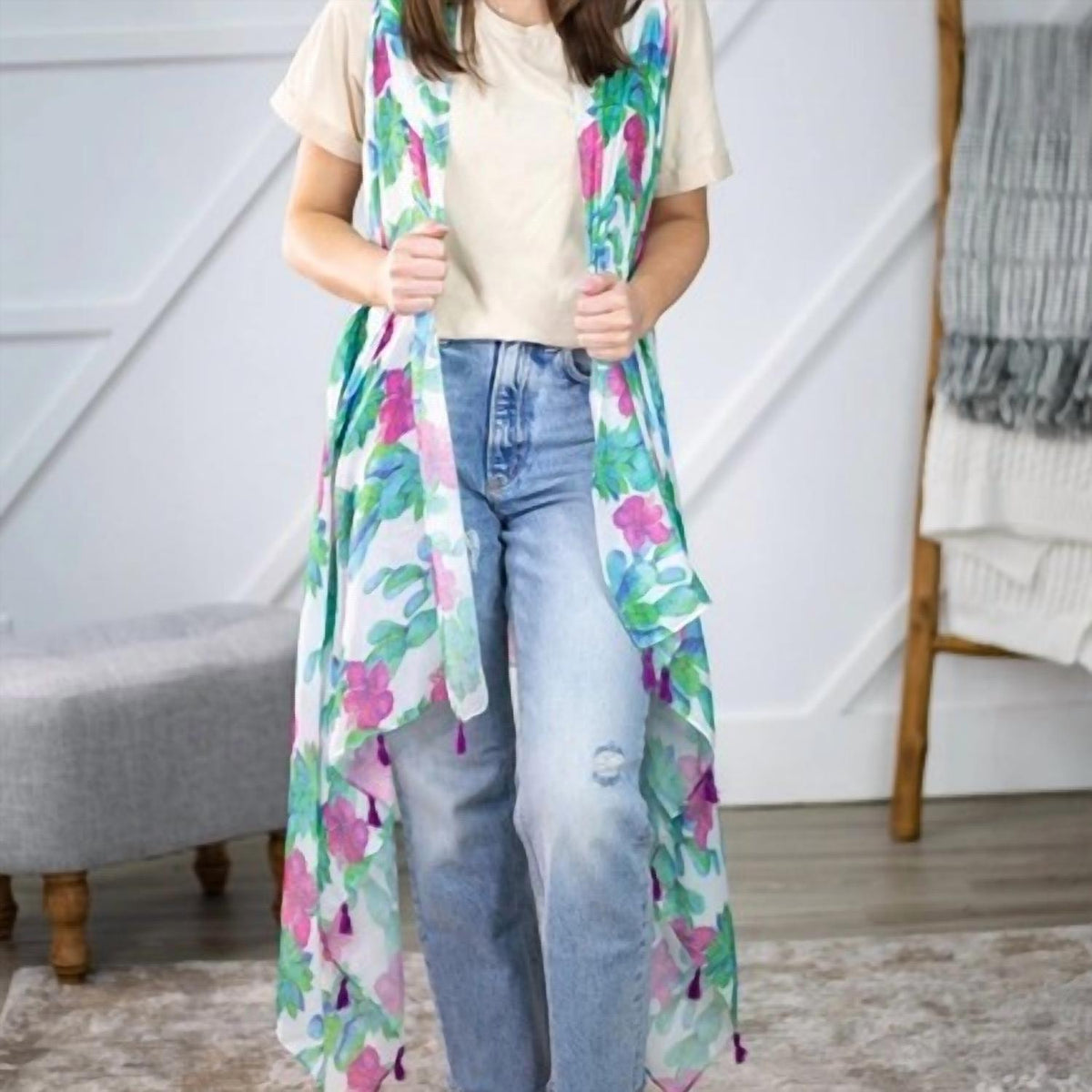 Grace + Emma - Boho Western Floral Cactus Kimono Vest