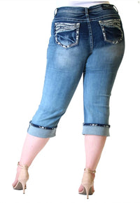 Grace In La - Cropped Embroidered Bling Stretch Cuffed Capri Jeans