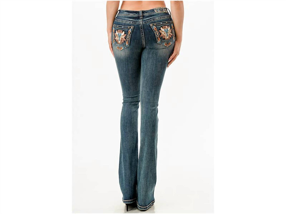 Grace In La - Steer Head Embroidery Mid-rise Boot Cut Jean - 34"