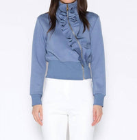 Gracia - High Neck Scuba Asymetrical Ruffled Zip Jacket
