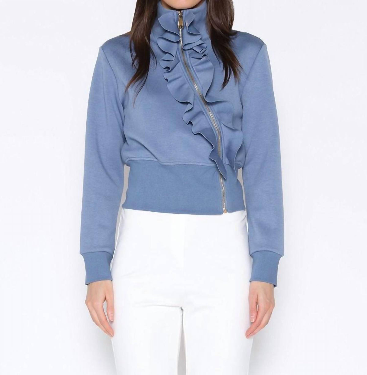 Gracia - High Neck Scuba Asymetrical Ruffled Zip Jacket