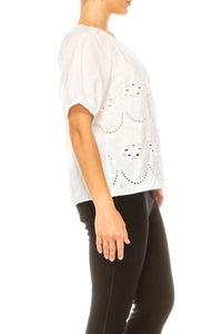 Grand & Greene - Eyelet Design Short Sleeve Shirt - clothing - cotton - shirts