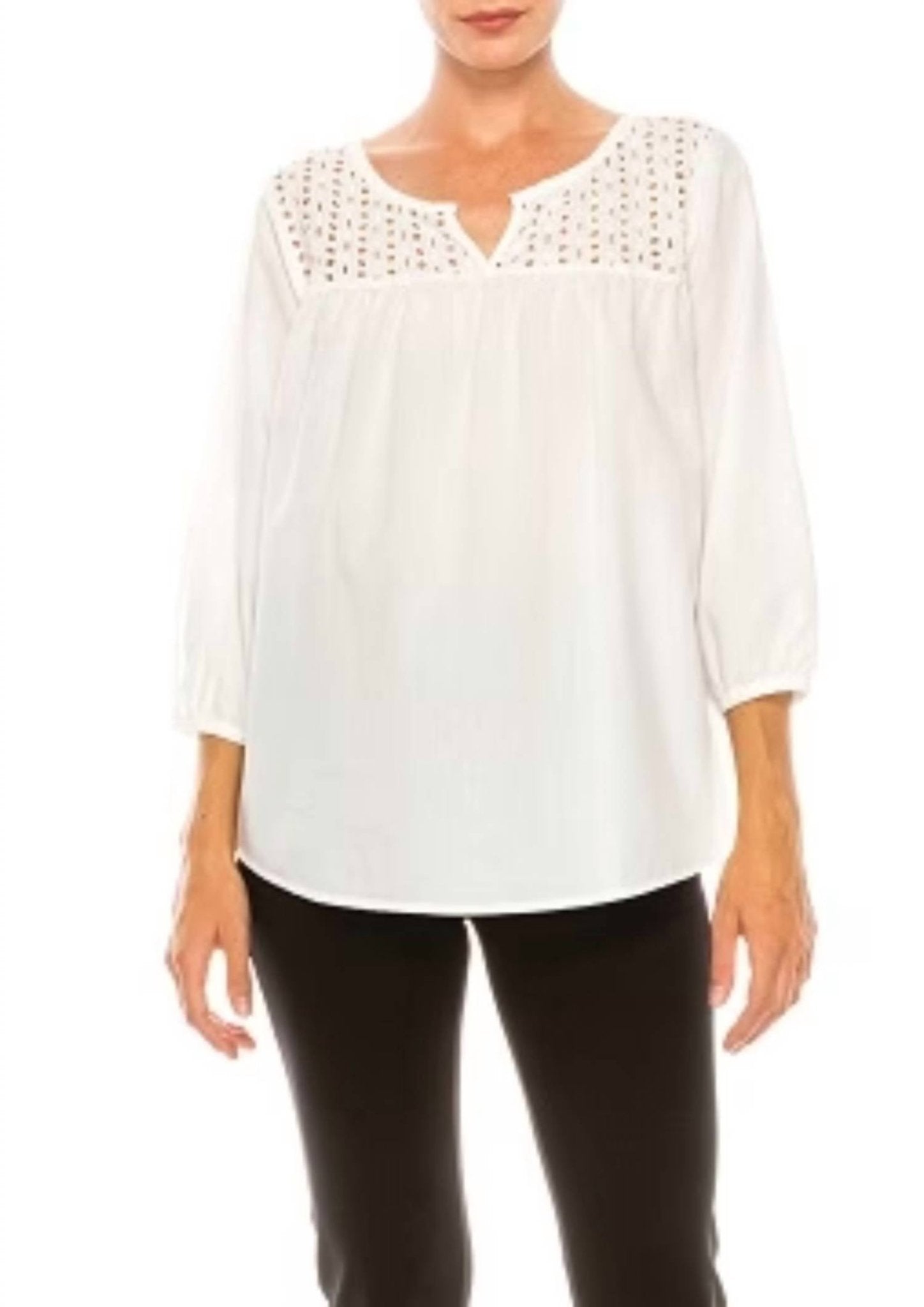 Grand & Greene - Eyelet Split Neck Swing Top - blouses - clothing - cotton