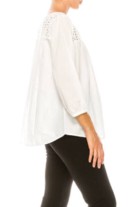 Grand & Greene - Eyelet Split Neck Swing Top - blouses - clothing - cotton