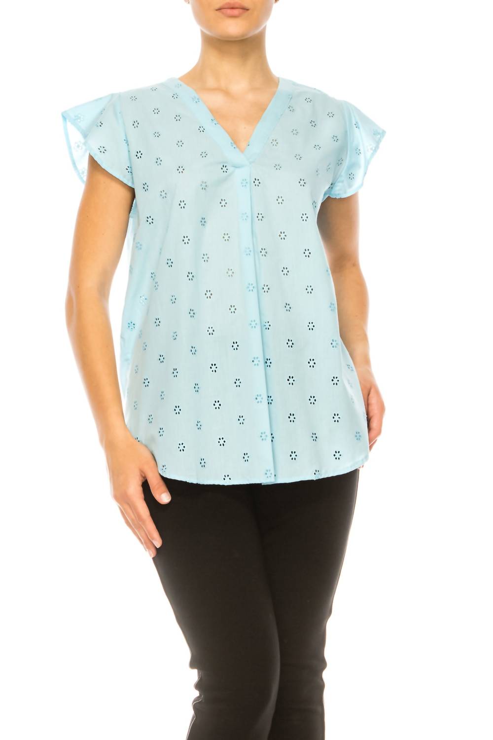 Grand & Greene - Floral Eyelet Cap Sleeve Top - blouses - blue - clothing