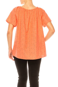 Grand & Greene - Floral Eyelet Elastic Neckline Top - blouses - clothing - orange