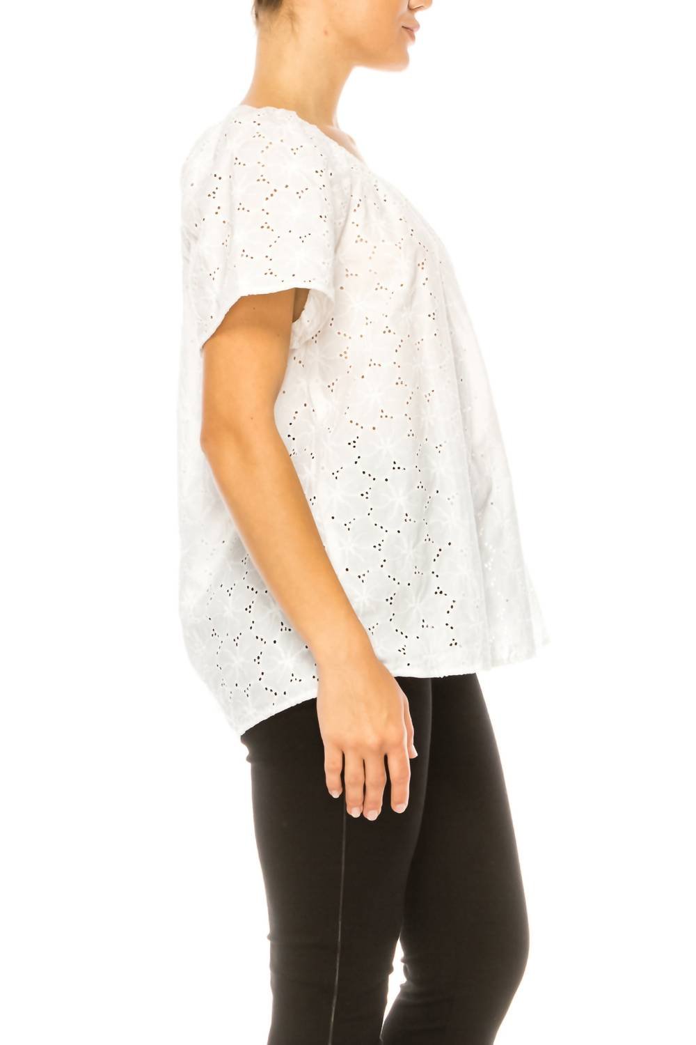 Grand & Greene - Floral Eyelet Elastic Neckline Top - blouses - clothing - cotton