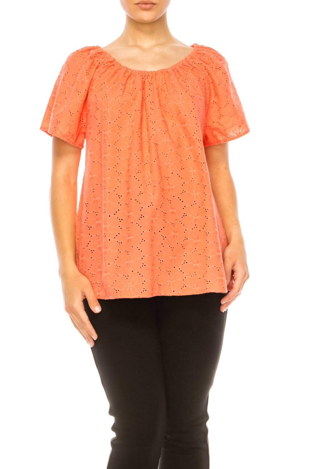 Grand & Greene - Floral Eyelet Elastic Neckline Top - blouses - clothing - orange