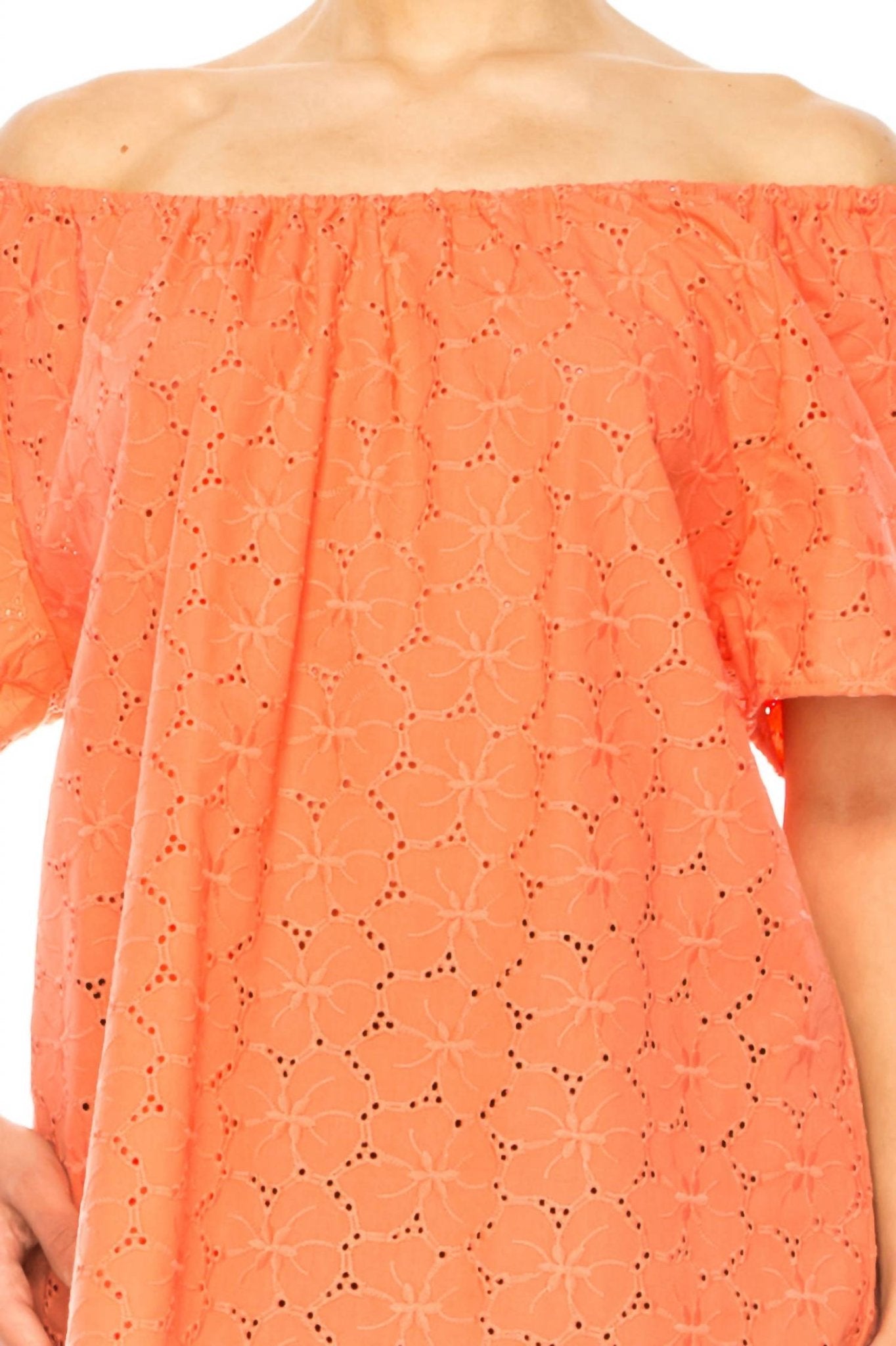Grand & Greene - Floral Eyelet Elastic Neckline Top - blouses - clothing - orange