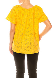 Grand & Greene - Floral Eyelet Elastic Neckline Top - blouses - clothing - cotton