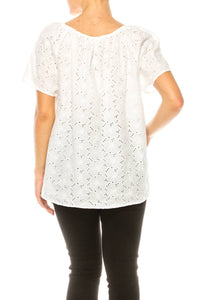Grand & Greene - Floral Eyelet Elastic Neckline Top - blouses - clothing - cotton