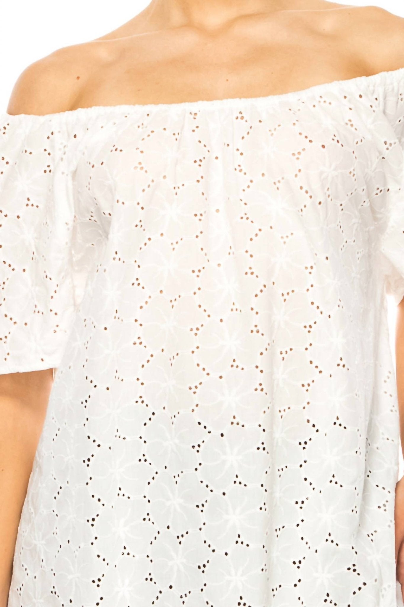 Grand & Greene - Floral Eyelet Elastic Neckline Top - blouses - clothing - cotton