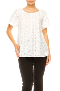 Grand & Greene - Floral Eyelet Elastic Neckline Top - blouses - clothing - cotton