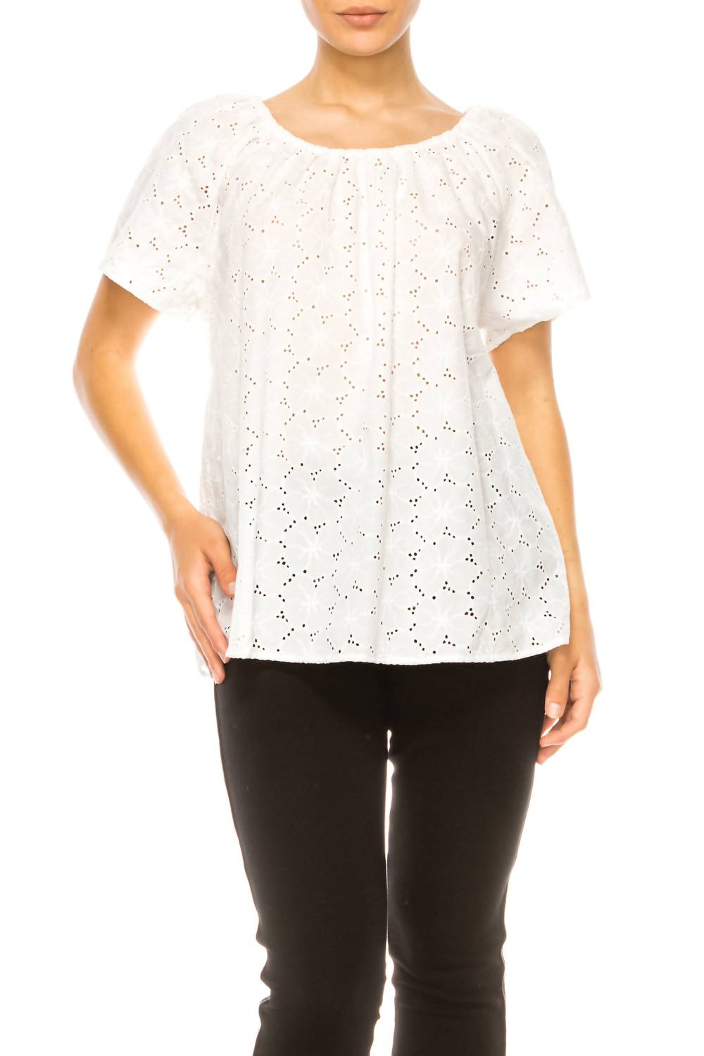 Grand & Greene - Floral Eyelet Elastic Neckline Top - blouses - clothing - cotton