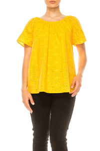 Grand & Greene - Floral Eyelet Elastic Neckline Top - blouses - clothing - cotton