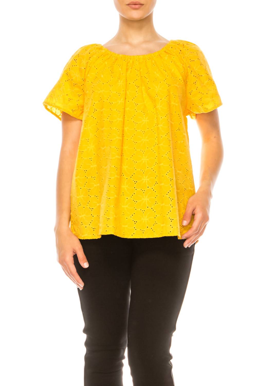 Grand & Greene - Floral Eyelet Elastic Neckline Top - blouses - clothing - cotton