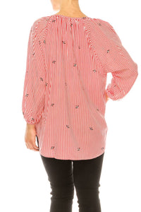 Grand & Greene - Striped Bird Print Pullover Top - blouses - clothing - rayon