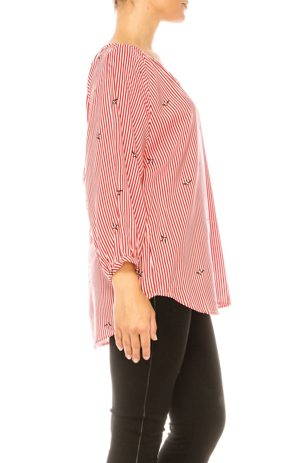 Grand & Greene - Striped Bird Print Pullover Top - blouses - clothing - rayon