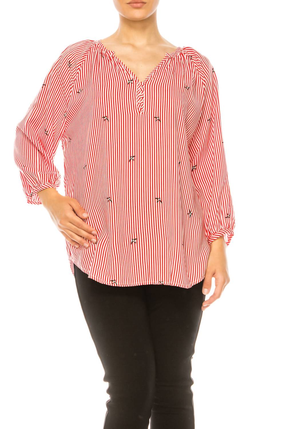 Grand & Greene - Striped Bird Print Pullover Top - blouses - clothing - rayon