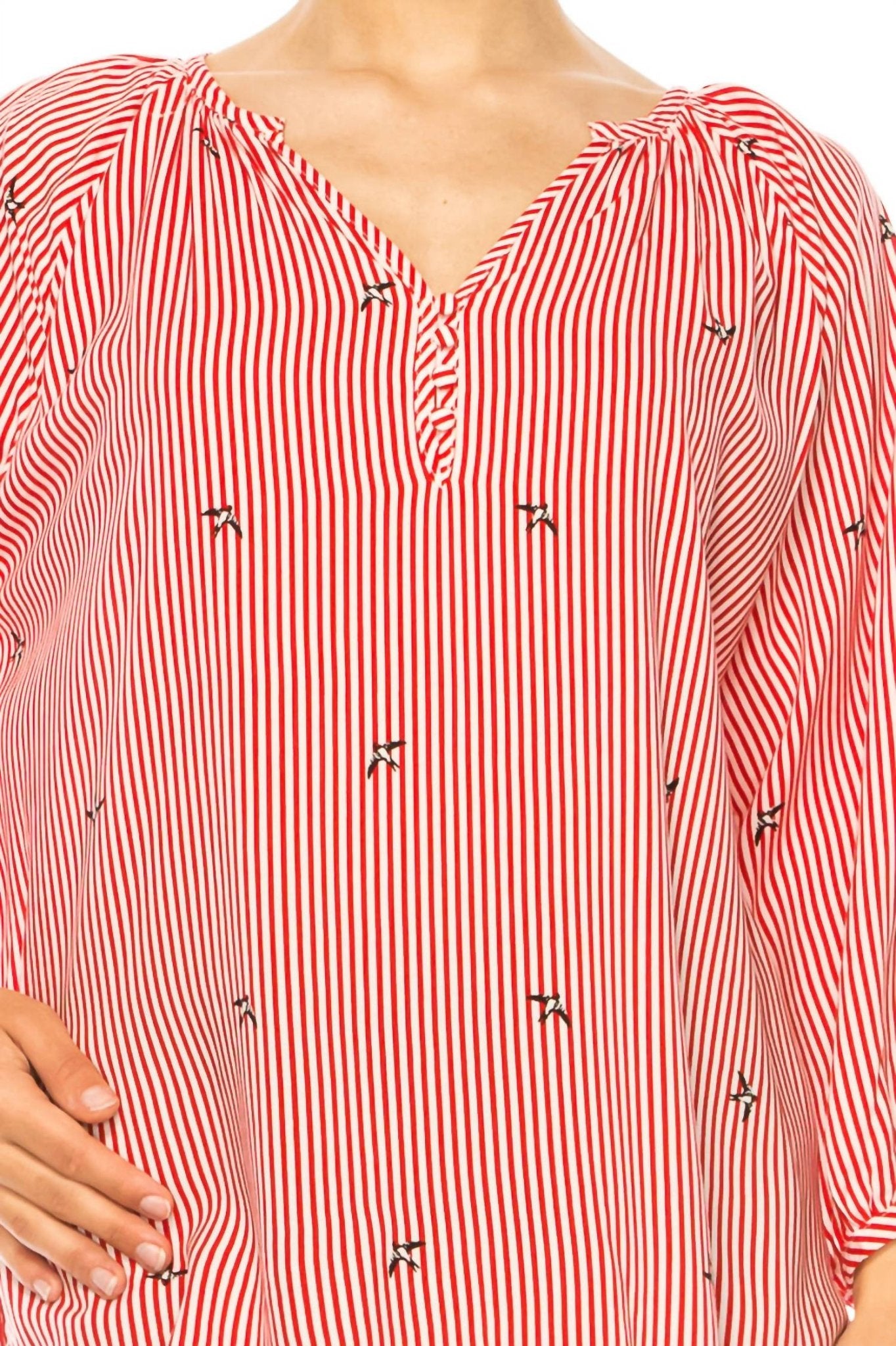 Grand & Greene - Striped Bird Print Pullover Top - blouses - clothing - rayon