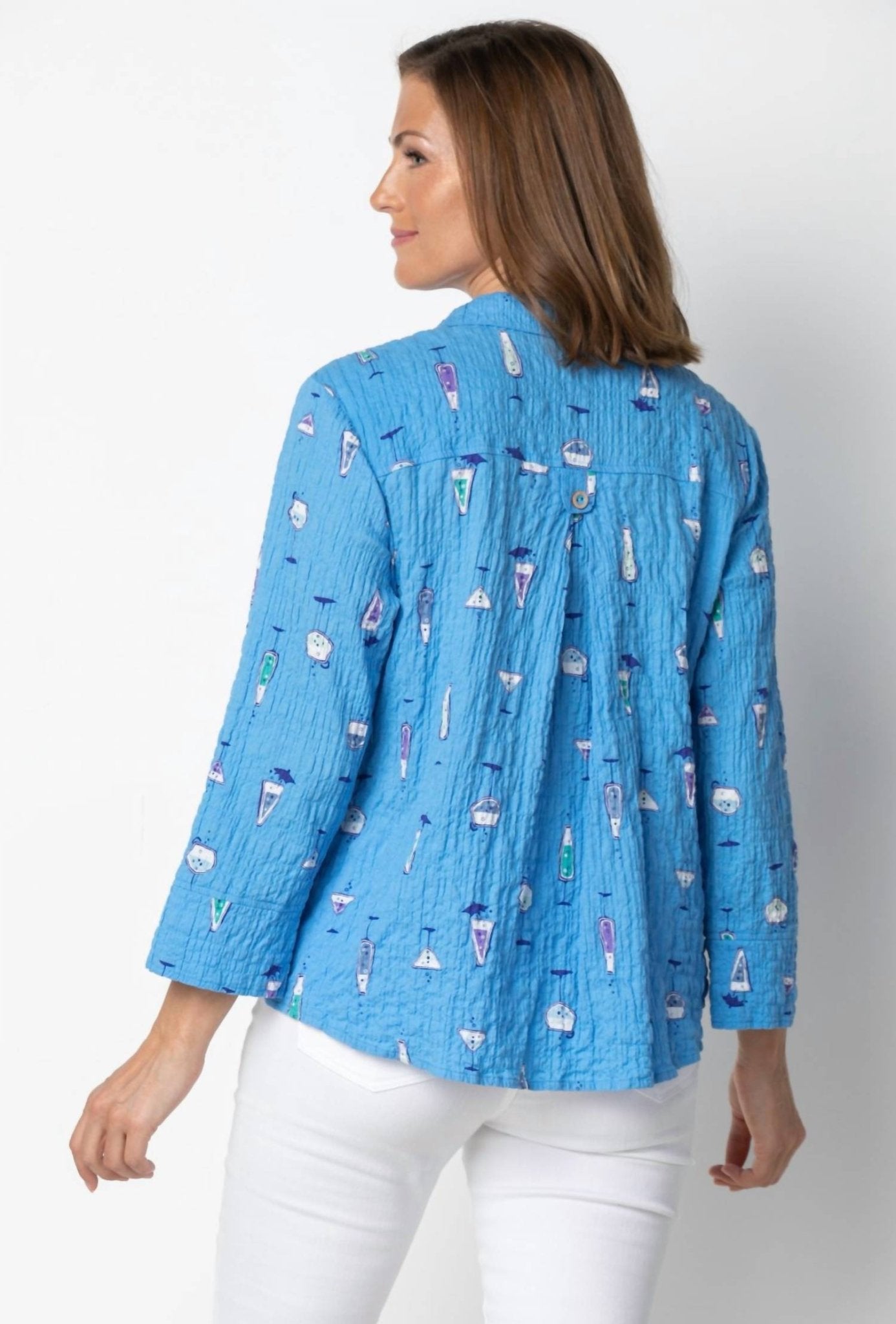 Habitat - Side Tab Crinkle Cotton Button Front Top - blouses - blue - clothing