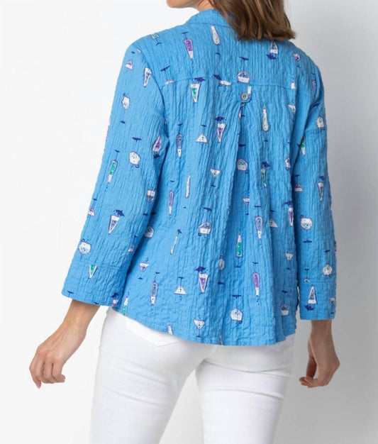 Habitat - Side Tab Crinkle Cotton Button Front Top - blouses - blue - clothing