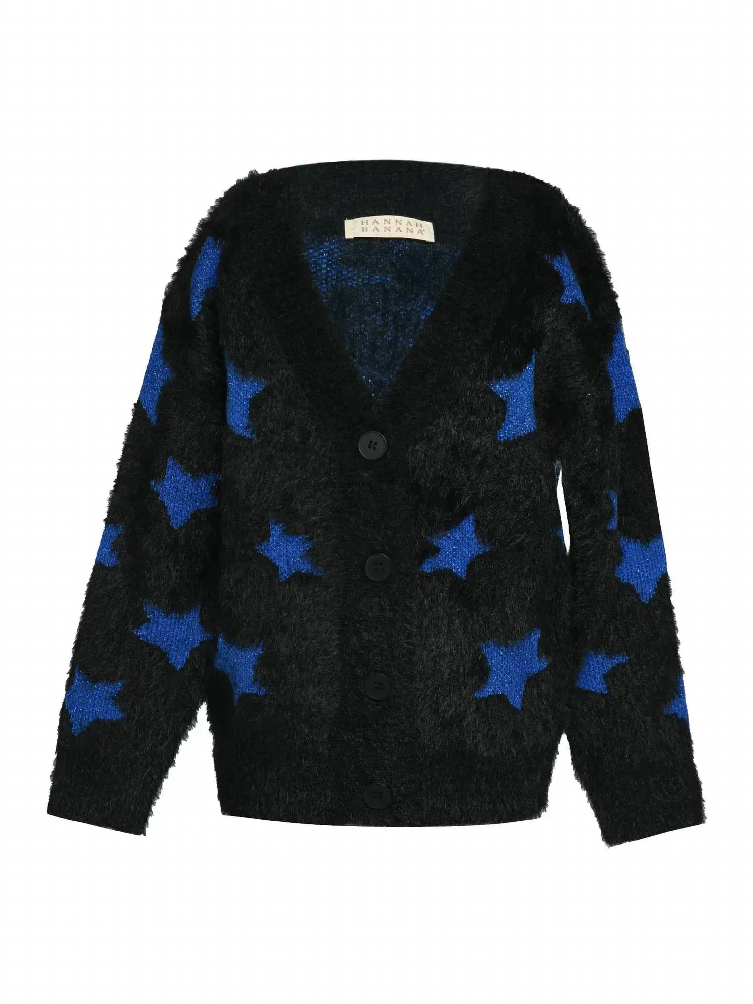 Hannah Banana - Girl's Fuzzy All Over Color Block Star Print Cardigan - black - clothing - coats