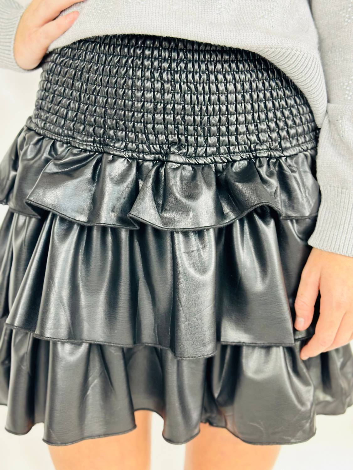Hannah Banana - Girl's Vegan Leather Tiered Mini Skirt - black - bottoms - clothing
