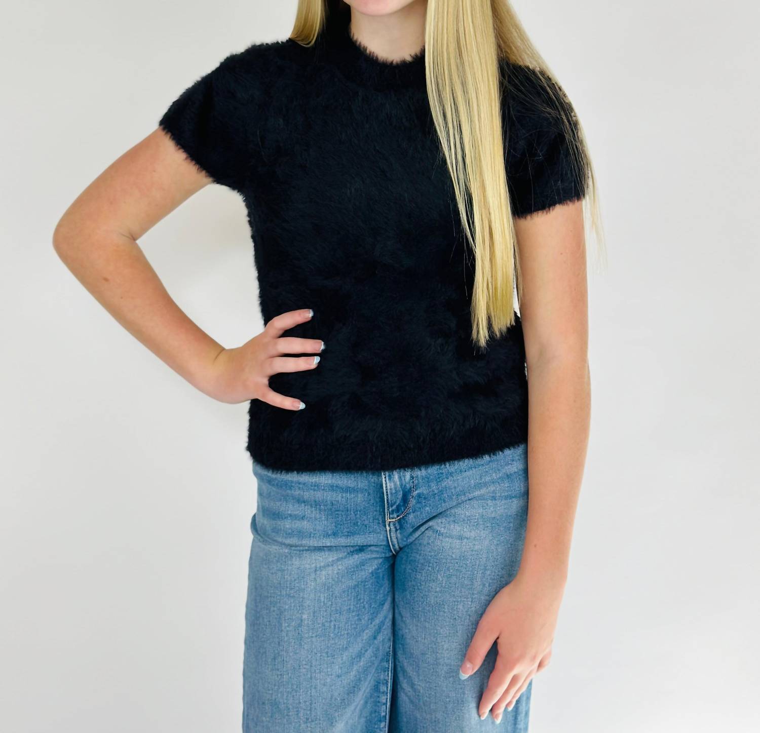 Hannah Banana - Tween Girl's Short Sleeve Fuzzy Sweater - black - clothing - kids
