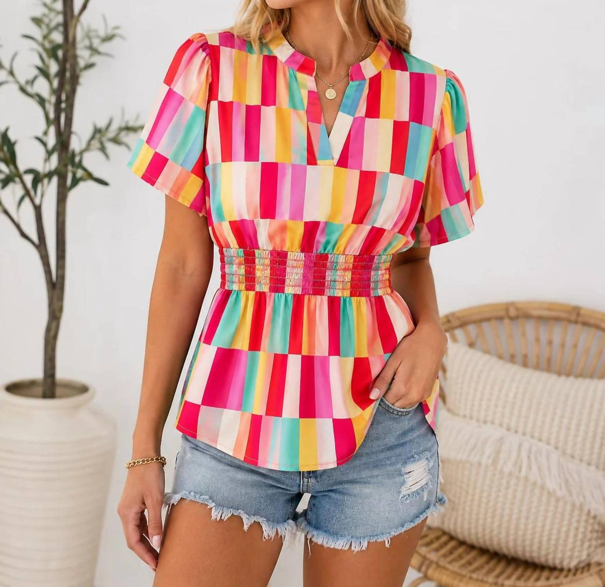 Haptics - Check Me Out Smocked Top