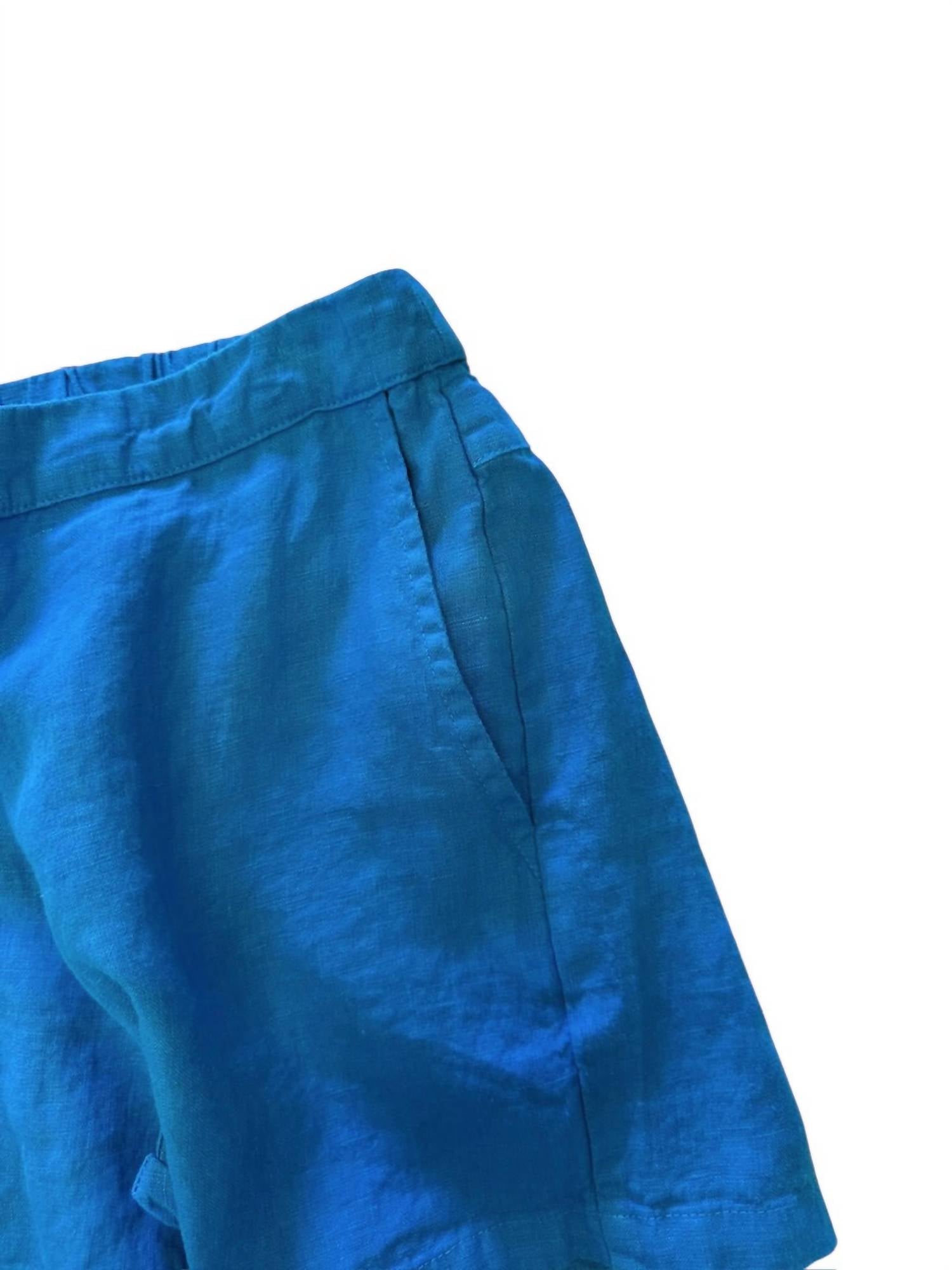 Haris Cotton - Women's Solid Linen Shorts With Elastic Band - blue - clothing - high - waist