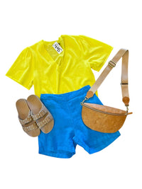 Haris Cotton - Women's Solid Linen Shorts With Elastic Band - blue - clothing - high - waist