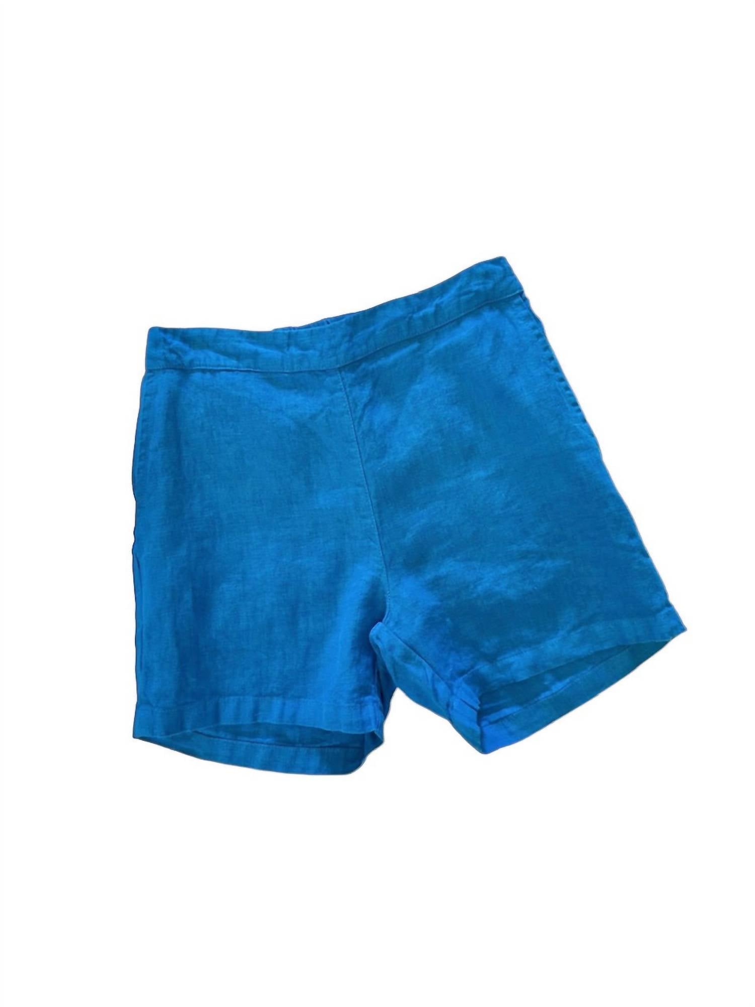 Haris Cotton - Women's Solid Linen Shorts With Elastic Band - blue - clothing - high - waist