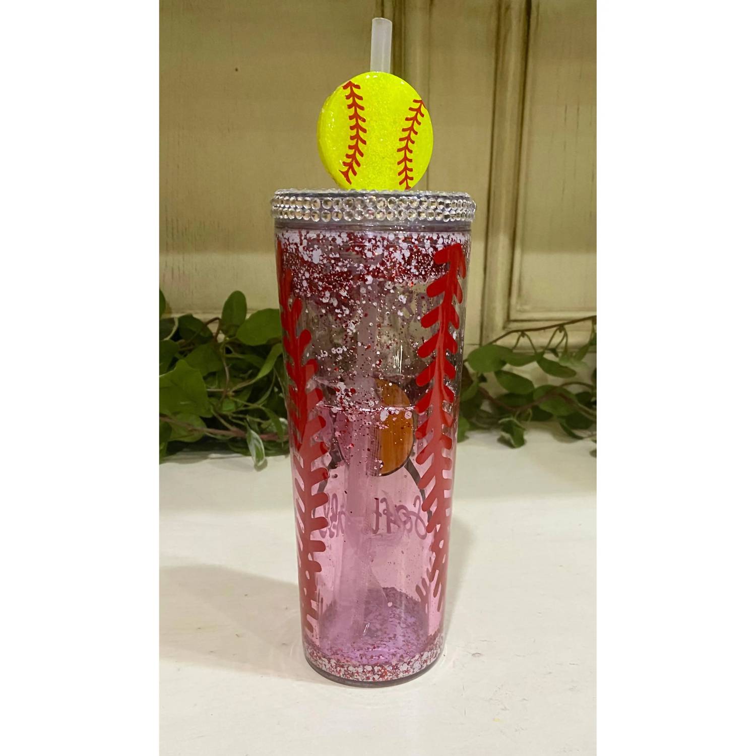 Harris Girls & Co. - Baseball Softball Mom Glitter Tumbler With Rhinestone Lid & Straw Topper - dining - home - thermoses