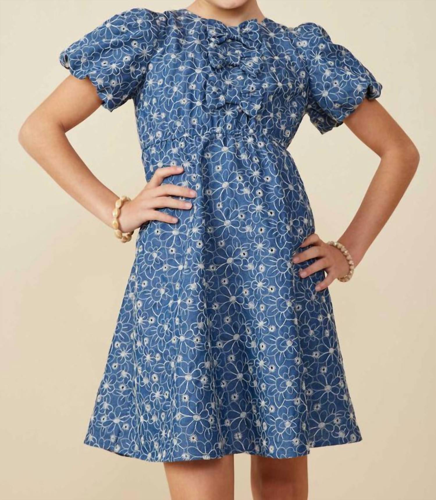 Hayden Girls - Girl's Triple Bow Detail Eyelet Floral Dress - blue - casual - clothing
