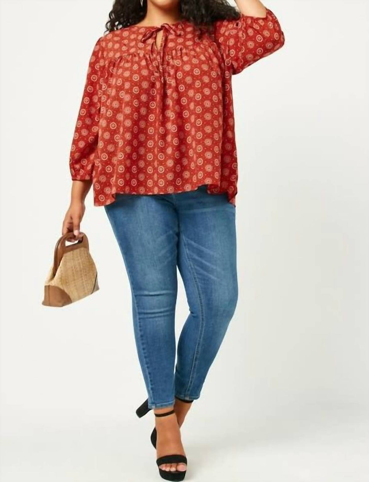 Hayden La - Tie Neck Floral Printed Peasant Top - Plus