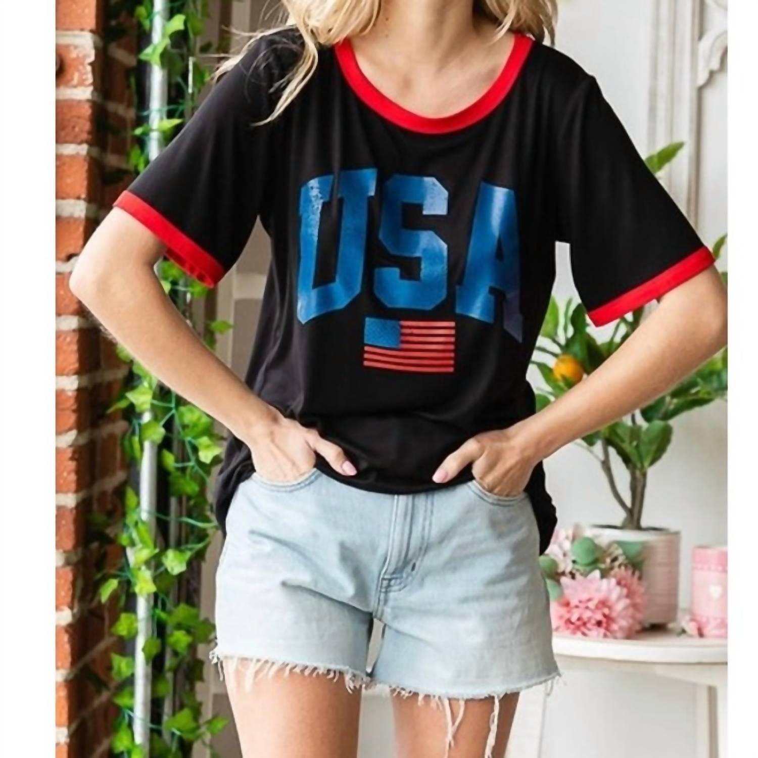 Heimish Usa - Americana Patriotic Flag Theme USA Short Sleeve Top Black - black - clothing - graphic