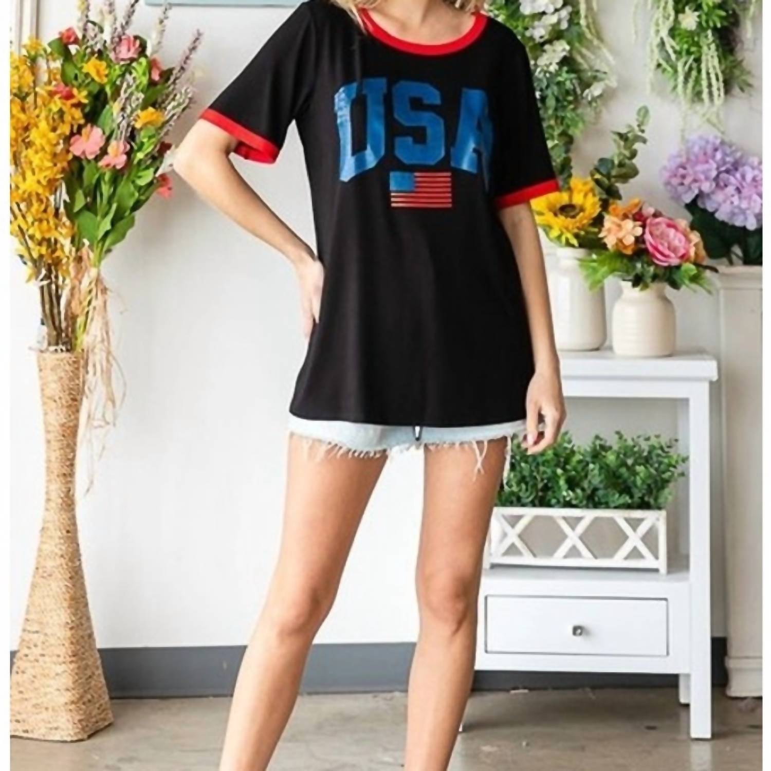 Heimish Usa - Americana Patriotic Flag Theme USA Short Sleeve Top Black - black - clothing - graphic