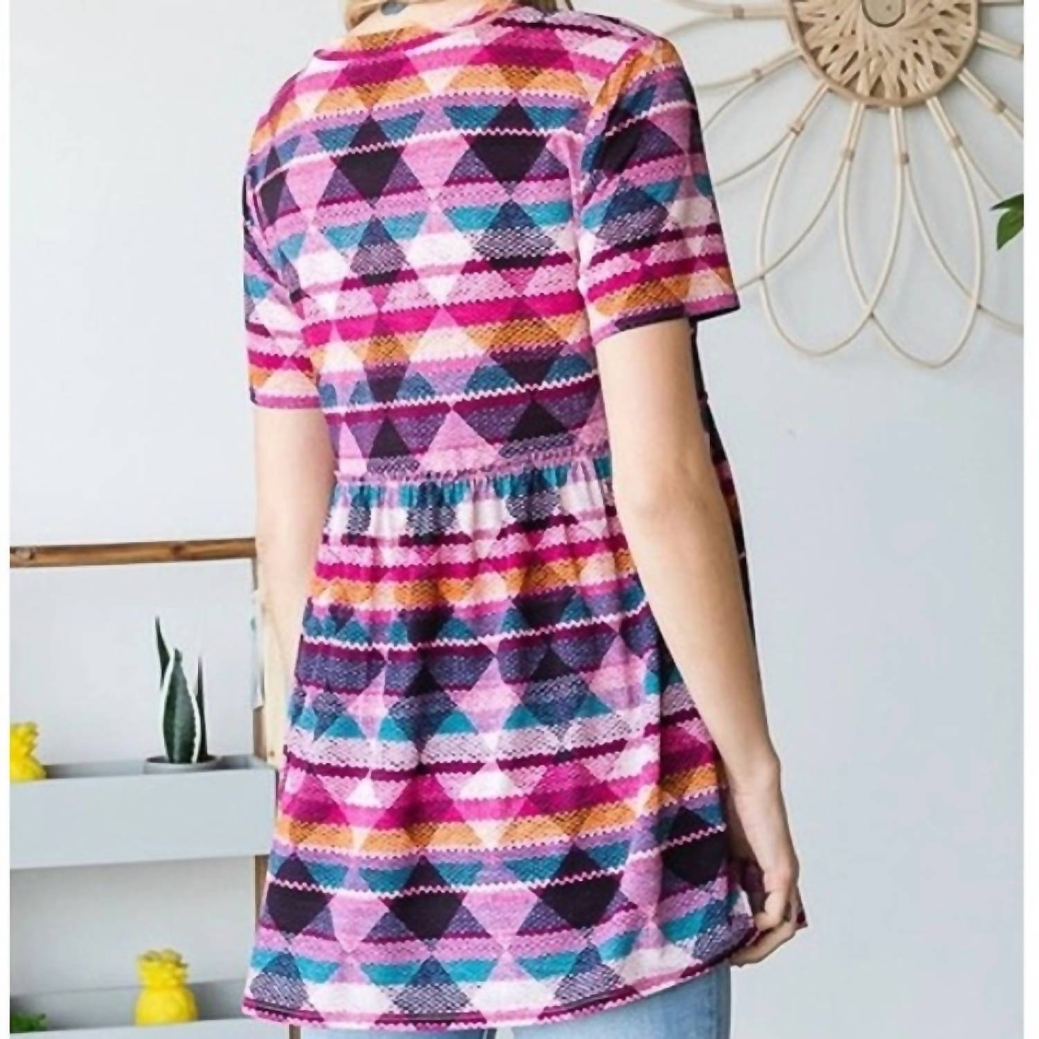 Heimish Usa - Aztec Short Sleeve V - neck Top - blouses - clothing - geometric