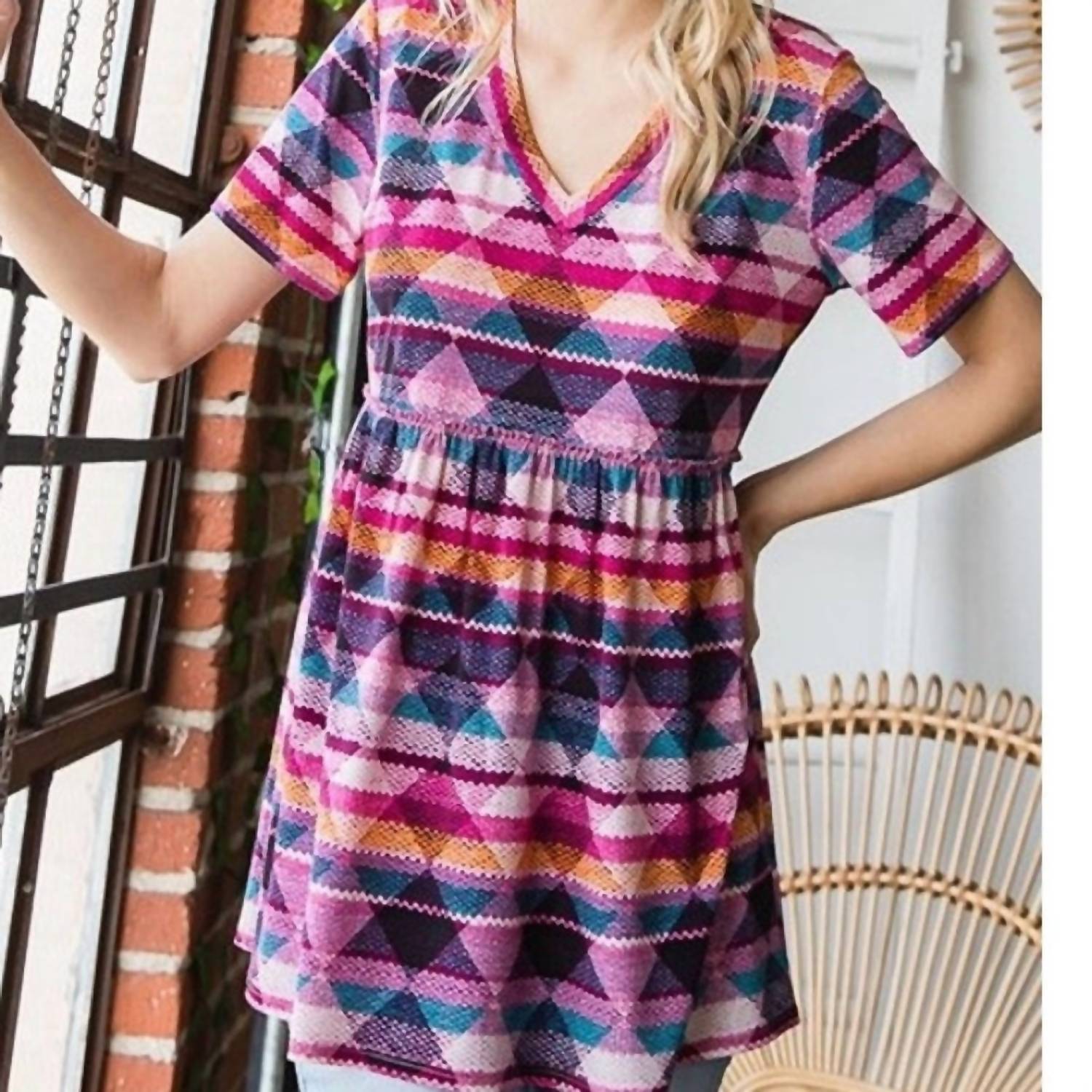 Heimish Usa - Aztec Short Sleeve V - neck Top - blouses - clothing - geometric