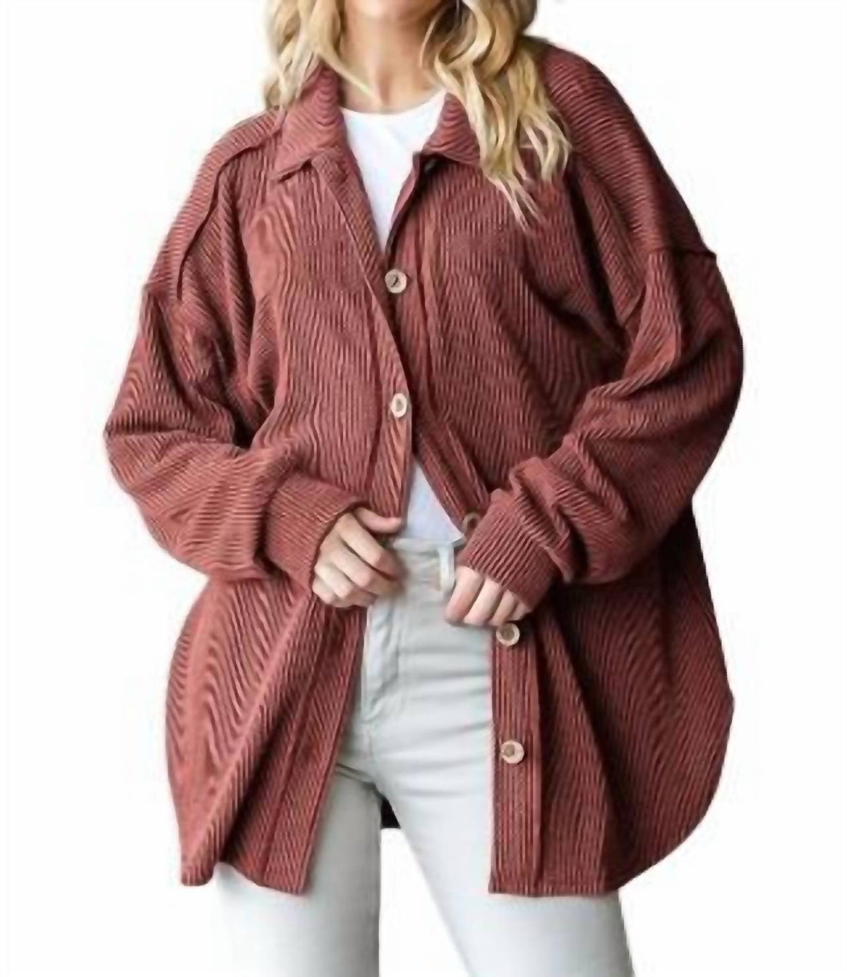 Heimish Usa - Basic Collar Solid Urban Ribbed Button Down Shacket Curvy